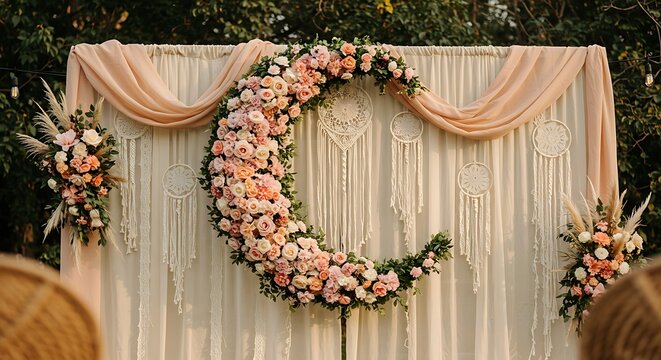 Dreamy outdoor wedding backdrop with peach flowers, cream drapes, and a floral arch.  Bohemian decor. Soft fabric.