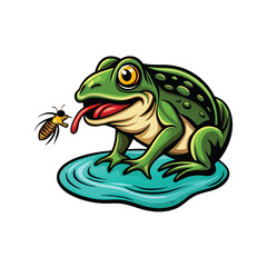 A realistic vector illustration of a green frog sitting on a blue lily pad, catching a fly with its long, sticky tongue.