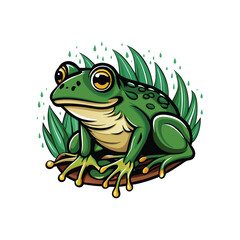Create a realistic vector illustration of a green frog catching raindrops on its tongue.