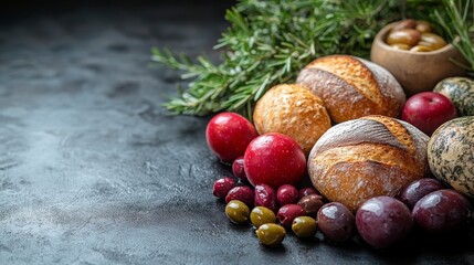 Obraz premium Freshly Baked Artisan Breads Surrounded by Colorful Grapes, Olives, and Aromatic Herbs on a Dark Textured Surface for Culinary and Food Photography
