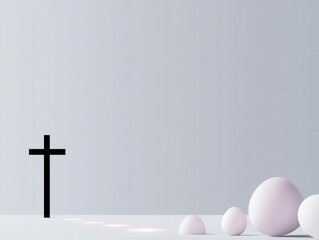 Happy Easter eggs at Christian Church. Minimalist composition featuring a cross and white eggs.