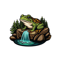 A realistic vector illustration of a green frog with yellow spots resting on a rock beside a small waterfall.