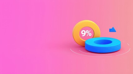 Percentage on display showcasing concept. Colorful 3D pie chart with percentage on a vibrant pink background.