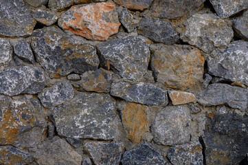 Rustic stone wall showcasing textured surfaces and varied hues in an outdoor setting