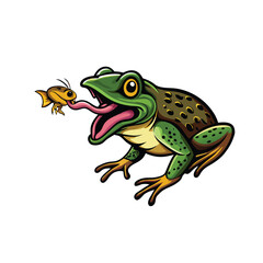 A vector illustration of a green frog with a long pink tongue catching a yellow insect.