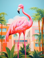Fototapeta premium Vibrant pink flamingo stands tall amidst tropical palm trees and colorful buildings in bright daylight