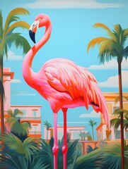 Fototapeta premium Vibrant pink flamingo standing gracefully amid lush greenery and tropical palms against a bright blue sky with modern architecture in the background
