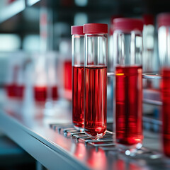 Fiolki z czerwoną cieczą w laboratorium. Chemiczne odczynniki