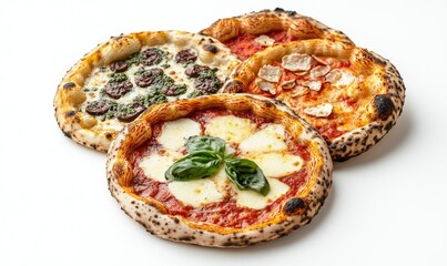 Three Delicious Artisan Pizzas on a White Background, Showcasing Unique Toppings and Perfectly Baked Crusts, Ideal for Food Lovers and Culinary Enthusiasts
