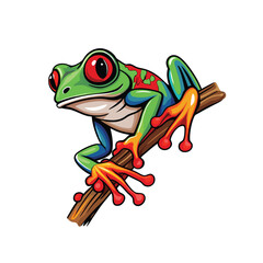 Generate a realistic vector illustration of a red-eyed tree frog clinging to a branch.