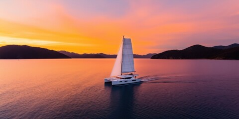 A white catamaran sailing across a calm ocean at sunset