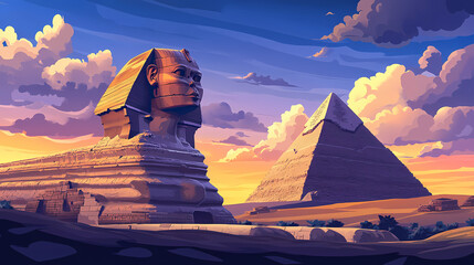 Majestic egyptian sphinx stands tall against the backdrop of the great pyramid, embodying ancient mysteries and rich history. Cenotaph. Illustration