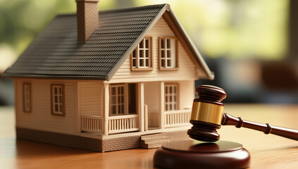 Detailed wooden house model with a gavel symbolizing real estate law and justice