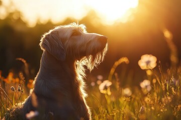 Golden hour captures a serene dog enjoying the warm sunlight in a blooming meadow surrounded by wildflowers