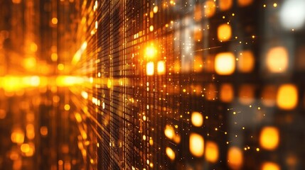Golden abstract technology background with glowing particles and grid. Ideal for website banners, presentations, or digital art.