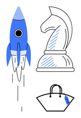 Rocket launching, chess knight, and handbag with tag. Ideal for startups, strategy, e-commerce, innovation, planning shopping growth. Modern minimalistic abstract line flat metaphor