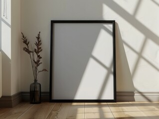 Simple interior corner with a blank black frame and a decorative vase casting shadows in soft afternoon light