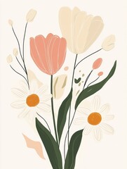 Obraz premium Colorful floral arrangement featuring tulips and daisies against a soft backdrop, perfect for spring decor and artistic inspiration