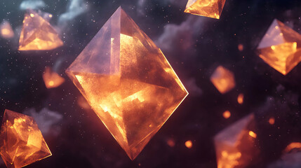 A high-detail render of glowing geometric shapes floating in a dark, atmospheric space