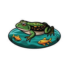 A vector illustration of a green frog swimming underwater with two yellow fish in the water.