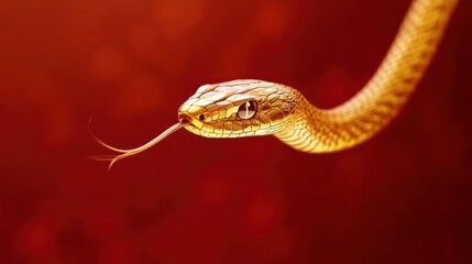 Fototapeta premium Golden snake with striking scales glides through a dramatic red background, showcasing intricate patterns and natural beauty in a close-up view