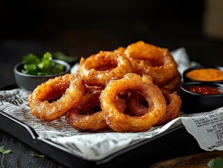 Crispy fried onion rings served on a black plate with assorted dipping sauces at a casual dining setting