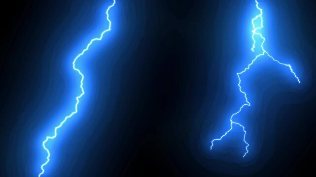 Blue Thunder Lightning with Electric Change Flash and Glowing Light Strike of Thunderstorm or Thunderbolt Striking Powerful Energy in Black Background (Alpha Channel). 