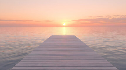 A minimalist wooden boardwalk stretching into a calm sea under a vibrant sunrise