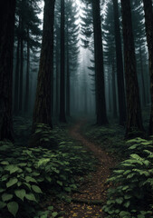 Fototapeta premium Spooky and dark forest with tall pine trees and ivy covering the floor, nearly concealing the thin winding path at the center