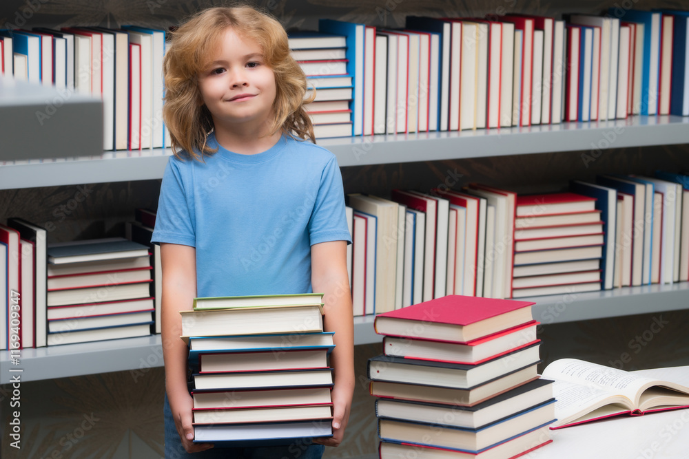 Fototapete School boy with stack of books in library. School child studying in classroom at elementary school. Kid studying on lesson in class at elementary school.