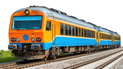 Naklejka premium A vibrant orange and blue passenger train isolated on a white background. Ideal for travel brochures, transportation designs, or website banners.