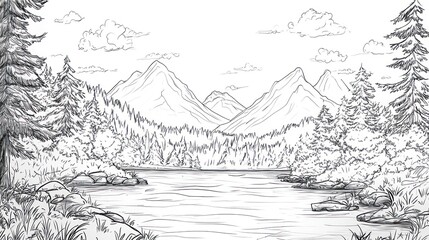 Serene Mountain Lake Scene with Evergreen Trees