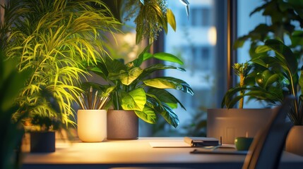 Fototapeta premium A serene office environment with calming plants, a desk, and soft lighting for a productive work-life balance.