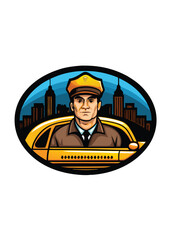A taxi driver in a yellow cab wearing a cap.