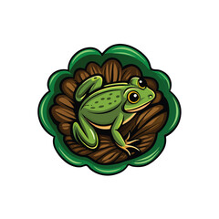 A top-down view vector illustration of a green frog floating on a lily pad.