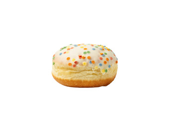 Donut with rainbow sprinkles on top. A donut sits on a transparent PNG background.