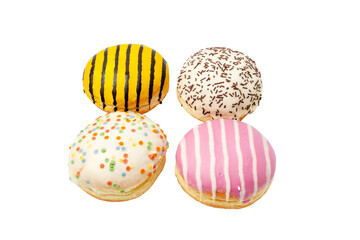 Four donuts of different colors and toppings. Donuts are laid out in a square on a transparent PNG background.