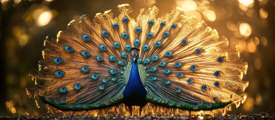Majestic peacock displaying vibrant plumage in golden light.