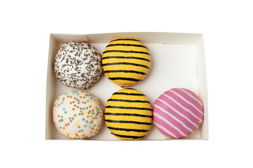 A box of donuts of different colors and flavors. The box is white, the donuts are arranged in a row. Box of donuts on a transparent PNG background.