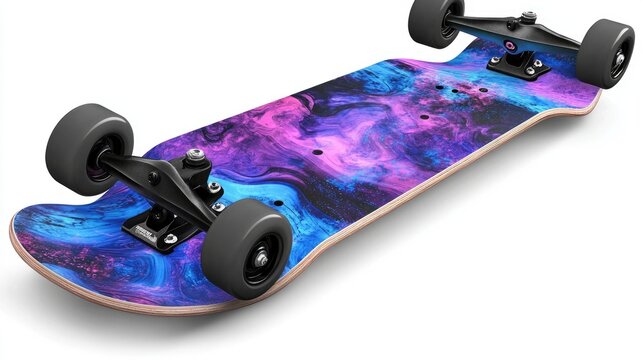 A vibrant skateboard with a cosmic swirl design. Perfect for cruising or showing off your style at the skatepark.