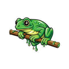 A vector illustration of a bright green frog resting on a bamboo branch.