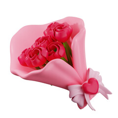 A 3D rendering of a pink bouquet of roses wrapped in pink paper and tied with a pink ribbon, featuring a heart-shaped accent.