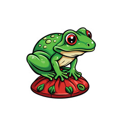 A bright green frog with red eyes rests on a red mushroom.