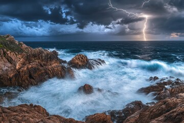 Obraz premium Crashing waves collide with rocks while lightning illuminates dark clouds overhead, showcasing nature's dramatic power