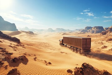 A self-driving truck travels through the desert, carrying goods amid sand dunes and rocky terrain