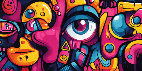 Obraz premium The image is a vibrant and colorful abstract illustration featuring a mix of geometric shapes, bold lines, and various hues