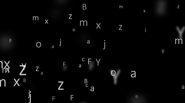 Alphabets Characters Loop Letters  Animation In Black Background. Floating lettering Particles Animated. 