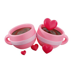 A 3D rendering of two pink coffee cups with heart-shaped handles, filled with coffee and topped with floating hearts, conveying a romantic and cozy atmosphere.