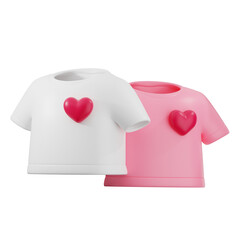 A 3D rendering of two cartoon t-shirts, one white and one pink, each with a large red heart on the chest. The shirts are playfully angled, creating a dynamic and fun composition.
