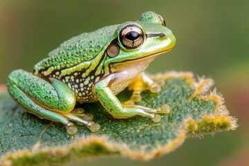 Fototapeta premium A small green frog rests on a leaf, perfectly camouflaged within the serene natural environment